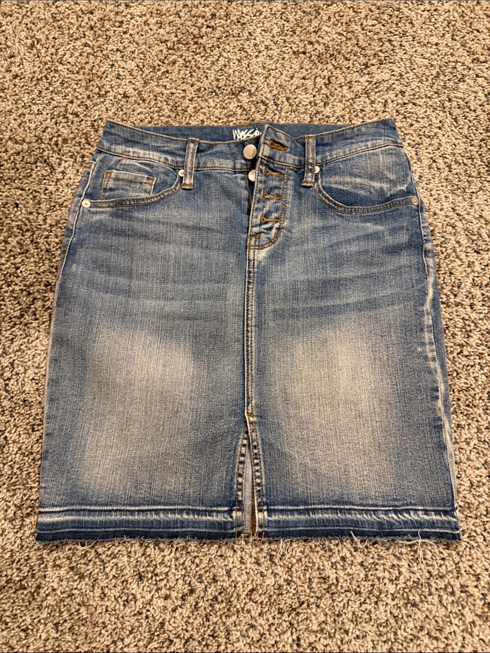 Washed Blue Denim Pencil Skirt with Front Buttons